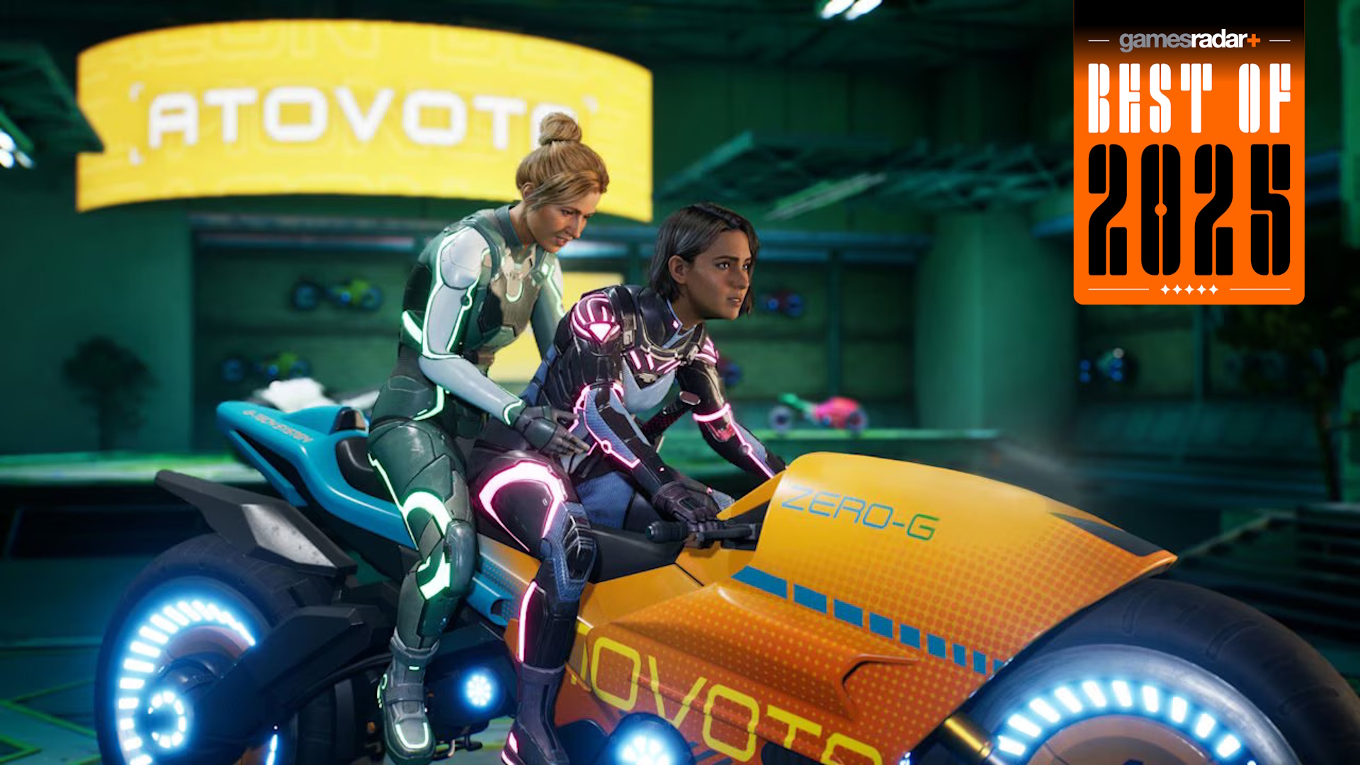 Split Fiction screenshot of the two leads on a futuristic bike with a GamesRadar+ Best of 2025 badge in the upper right
