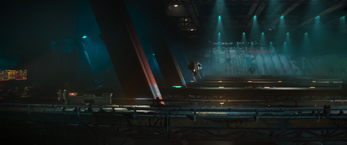 Babiru DaVinci Resolve tips; A visually striking futuristic scene captures a narrow industrial space with dramatic lighting, where a lone figure is suspended in mid-air, suggesting a moment of heightened tension or movement.