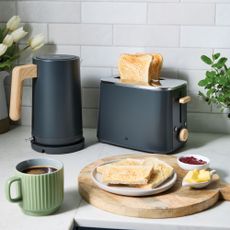 Aldi Scandi kettle and toaster set on kitchen worktop with breakfast food