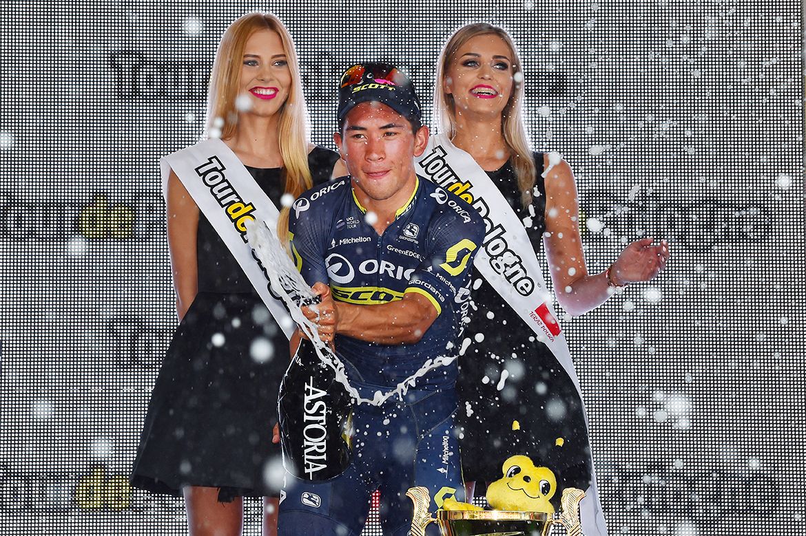 Caleb Ewan celebrates victory after stage 4 of the Tour de Pologne