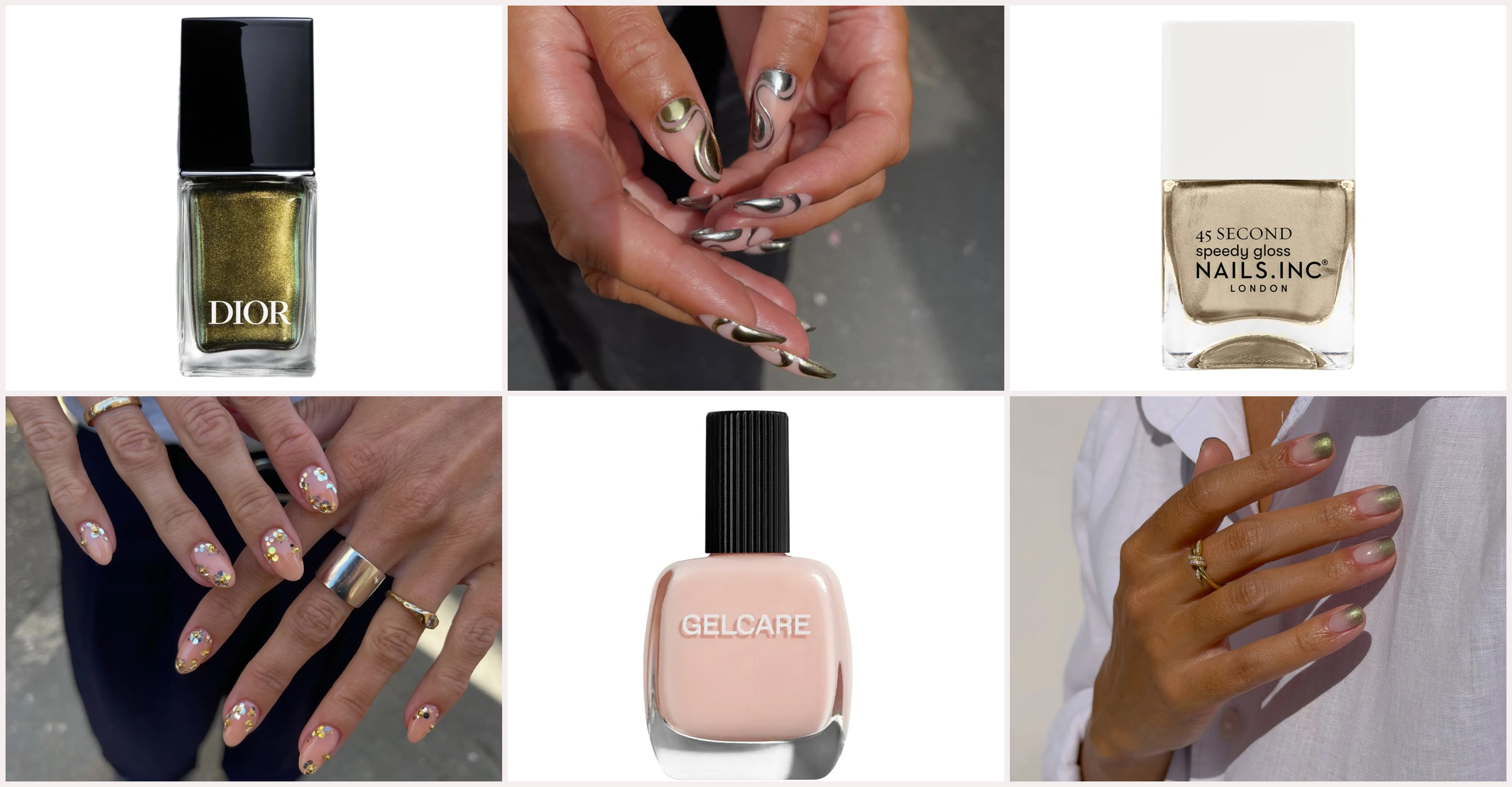 Six-image collage featuring jewelry box nail designs, including sequin nails, gradient green gold nails, and swirled molten nails, and three nail polish bottles