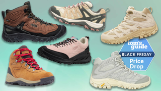 a composite image on a green background showing merrell hiking boots, merrell hiking shoes, columbia hiking boots, keen jasper zionic shoes
