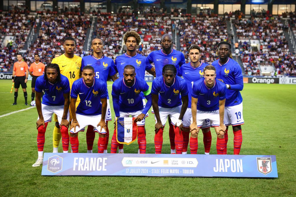 France 2024 Olympics squad France&#039;s team poses prior to a friendly international football match between France and Japan ahead of Paris 2024 Olympic games in Toulon, southern France, on July 17, 2024. (Photo by CLEMENT MAHOUDEAU / AFP) (Photo by CLEMENT MAHOUDEAU/AFP via Getty Images)