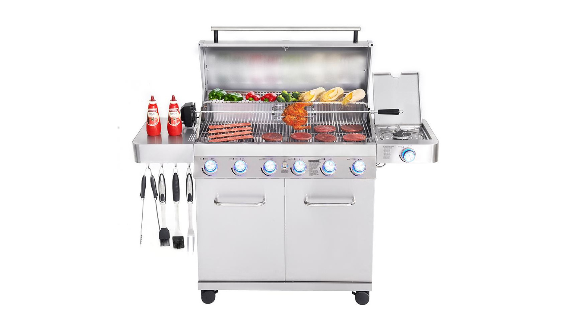 Monument Grills 77352 review: An image showing the stainless steel grill covered in fresh meats and vegetables