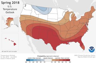 Areas of the United States where the average temperature for spring 2018 is favored to be in the upper (reddish colors) or lower (blue colors) third of the seasonal temperature record, from 1981 to 2010: Color intensity indicates higher or lower chances for a warm or a cool outcome.