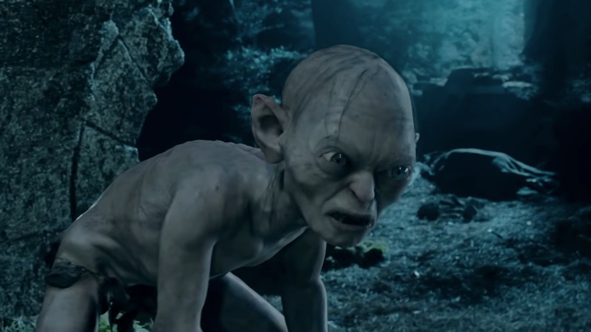 Gollum, as played by Andy Serkis, in the "must have the precious" scene from The Lord of the Rings: The Two Towers.
