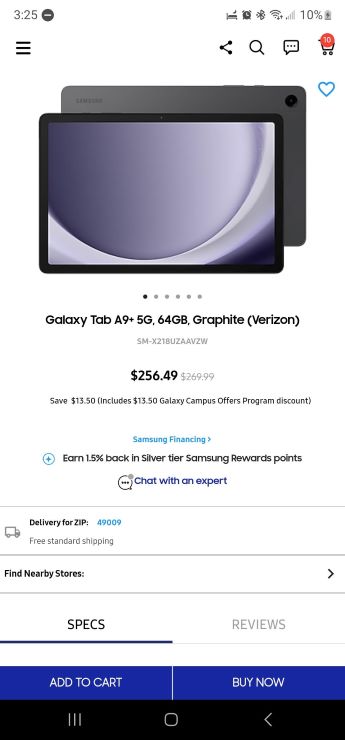 Galaxy Tab A9 Plus listing for the US