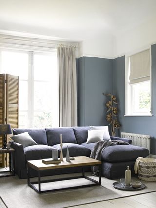 blue chaise sofa in small living room by Sofa.com
