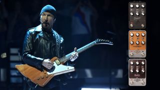 UAFX amp pedals and The Edge of U2 performs on stage during the "eXPERIENCE & iNNOCENCE" tour at Madison Square Garden on July 1, 2018 in New York City