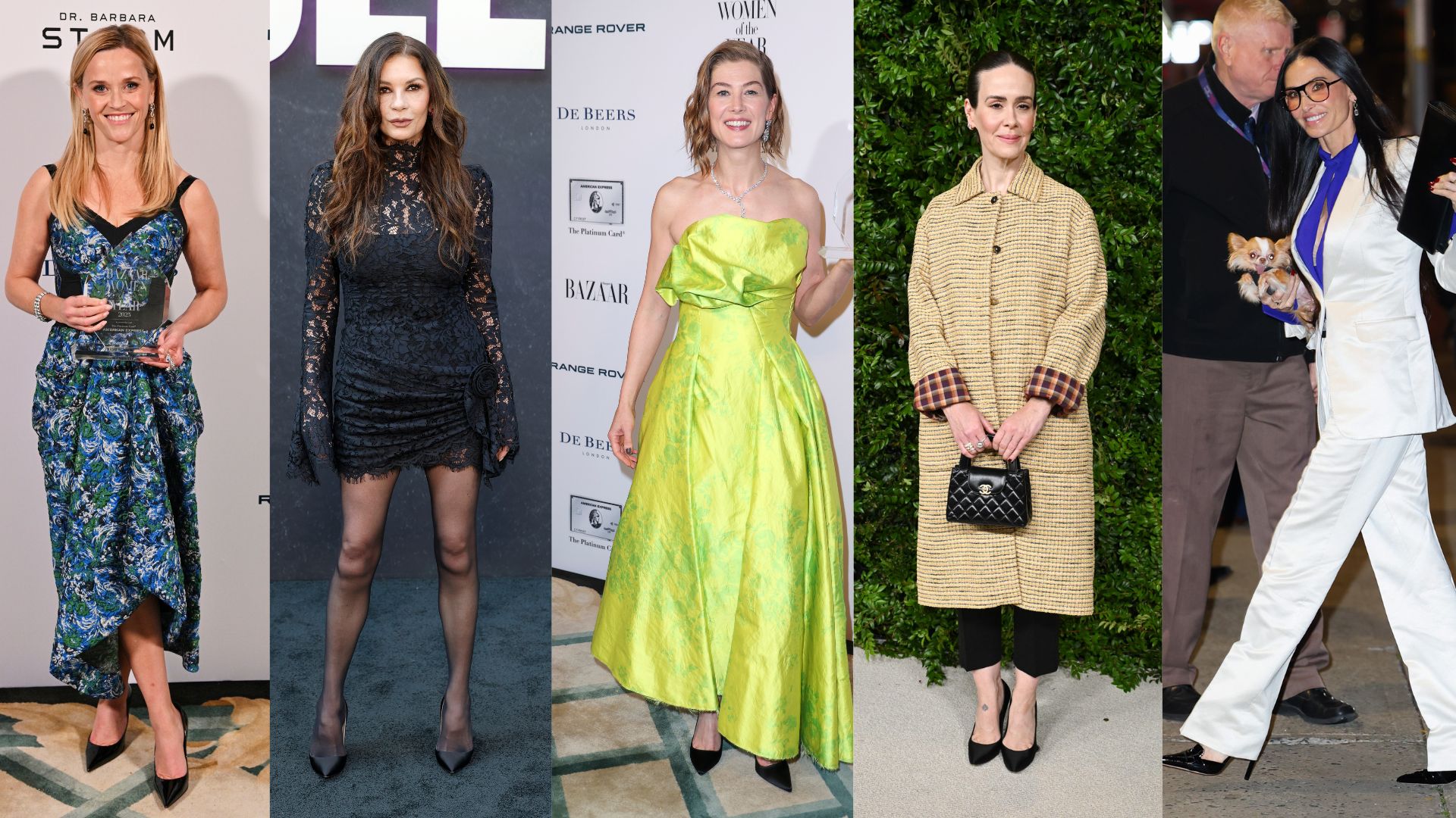 five celebrities wearing black court shoes 