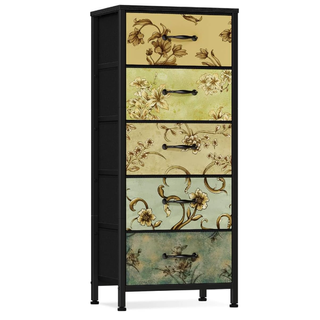 a set of 5 vertical drawers that are mock-vintage with decorative wallpaper on each drawer