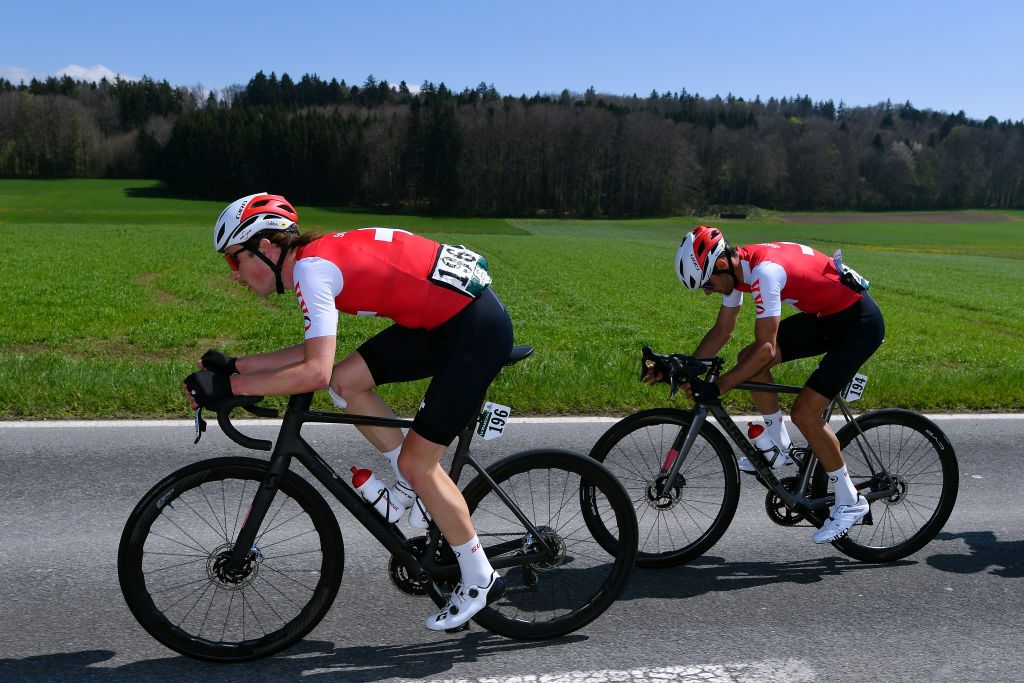 ROMONT SWITZERLAND APRIL 27 LR Valre Thibaud of Switzerland and Antoine Debons of Switzerland and Team Switzerland compete in the breakaway during the 75th Tour De Romandie 2022 Stage 1 a 178km stage from La Grande Beroche to Romont 777m TDR2022 on April 27 2022 in Romont Switzerland Photo by Dario BelingheriGetty Images