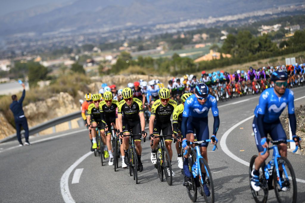 TORREVIEJA SPAIN FEBRUARY 07 Tsgabu Grmay of Ethiopia and Team MitcheltonScott Christopher Juul Jensen of Denmark and Team MitcheltonScott Jack Haig of Australia and Team MitcheltonScott during the 71st Volta a la Comunitat Valenciana 2020 Stage 3 a 1746km stage from Orihuela to Torrevieja VueltaCV VCV2020 on February 07 2020 in Torrevieja Spain Photo by David RamosGetty Images