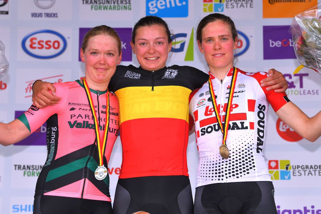 Ann-Sophie Duyck (Parkhotel) Jesse Vandenbulcke (Doltcini-Van Eyck) and Julie Van de Velde (Lotto-Soudal)