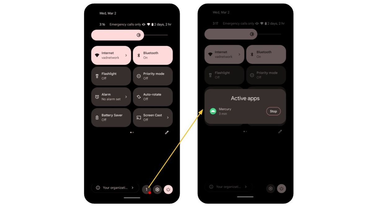 Screenshots showing Foreground Services Task Manager in Android 13
