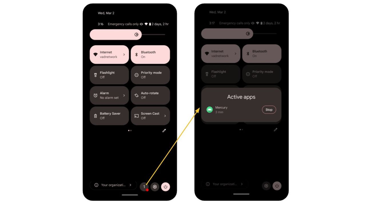 Screenshots showing Foreground Services Task Manager in Android 13