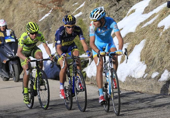 Vincenzo Nibali (Astana Pro Team) leads Contador on the final climb
