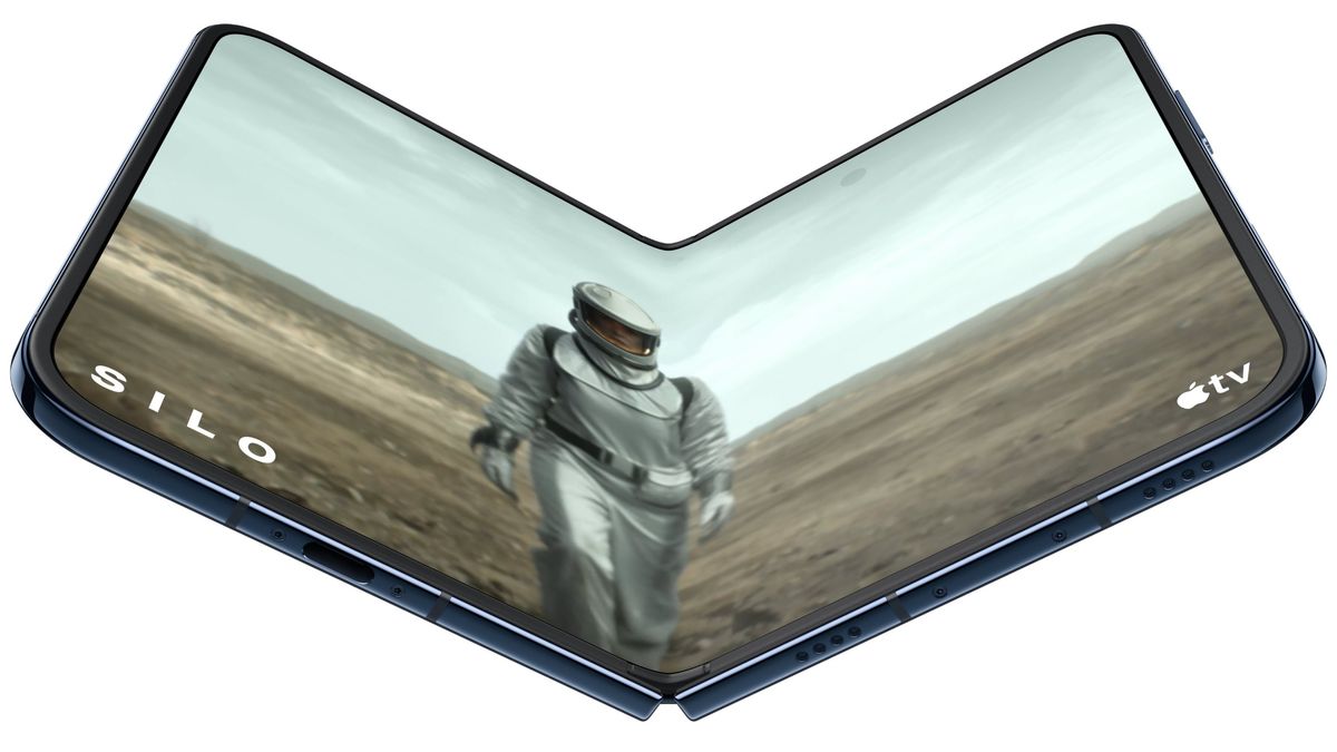 A semi-unfolded iPhone Duo with a character from Apple TV's Silo on screen wearing a space suit