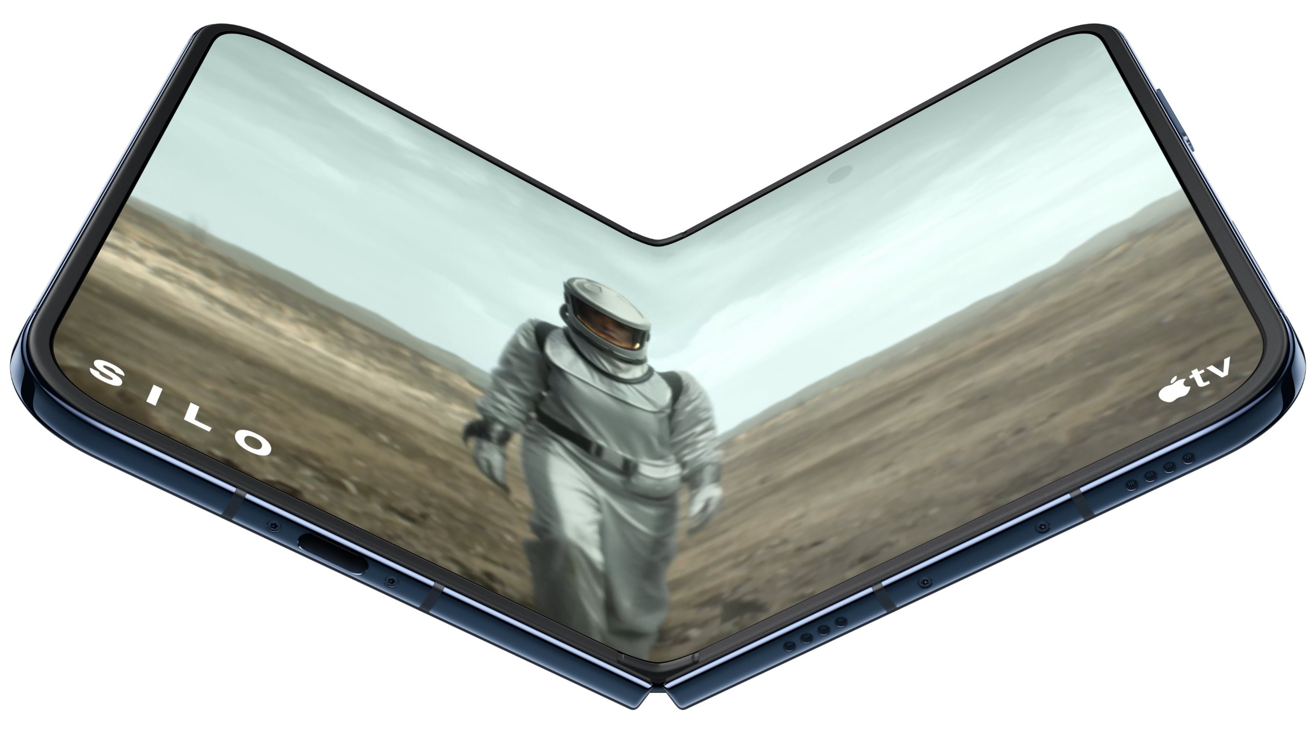 A semi-unfolded iPhone Duo with a character from Apple TV's Silo on screen wearing a space suit