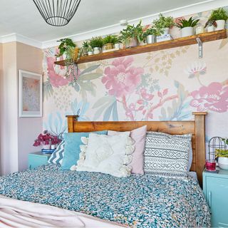 bedroom with floral wallpaper