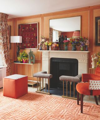 living room with orange walls and oragne rug and fireguard