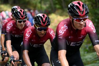 FRom R Team Ineos rider Great Britains Christopher Froome Team Ineos rider Colombias Egan Bernal and Team Ineos rider Russias Pavel Sivakov ride during the first stage of the 72nd edition of the Criterium du Dauphine cycling race 2185 km between ClermontFerrand and SaintChristoenJarez on August 12 2020 Photo by AnneChristine POUJOULAT AFP Photo by ANNECHRISTINE POUJOULATAFP via Getty Images