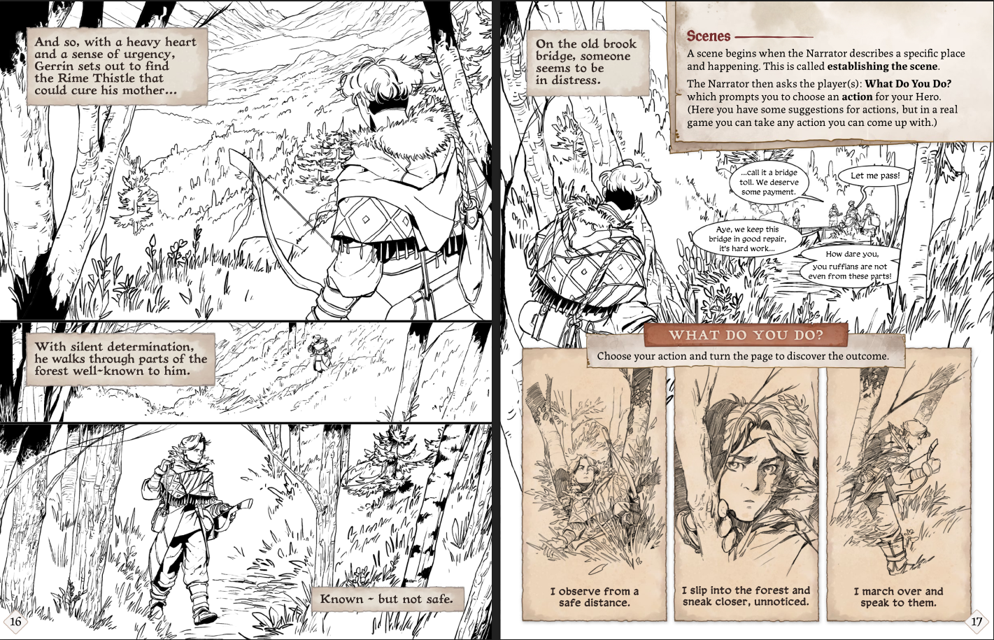 Two pages from Legend in the Mist's tutorial comic, showing the hero starting out on his journey and encountering bandits.