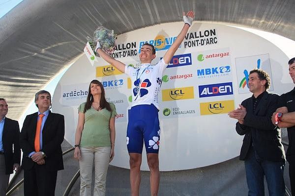 A jubilant J&eacute;r&eacute;my Roy celebrates on the podium.