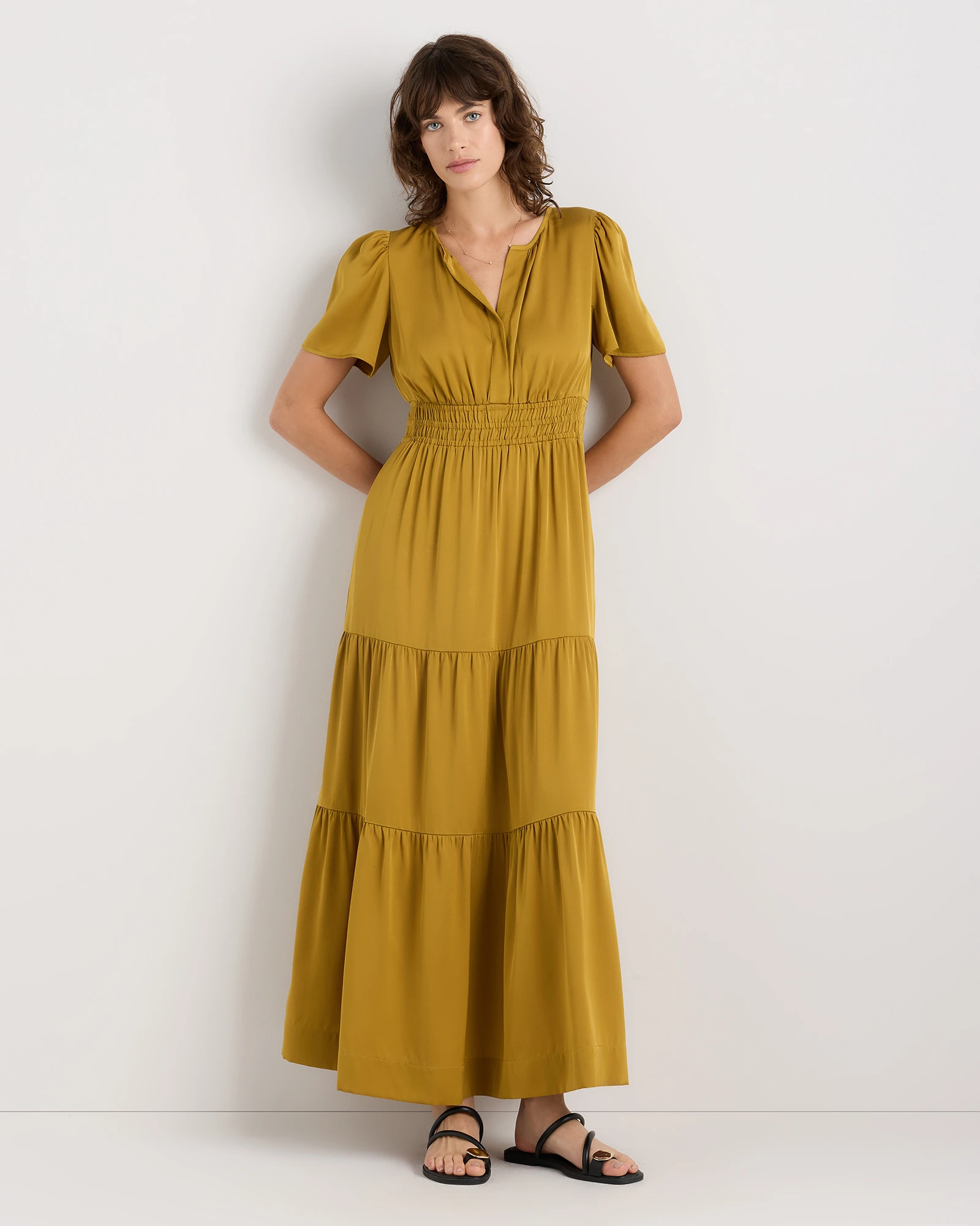 Washable Stretch Silk Tiered Maxi Dress in Mineral Yellow, Size Xs