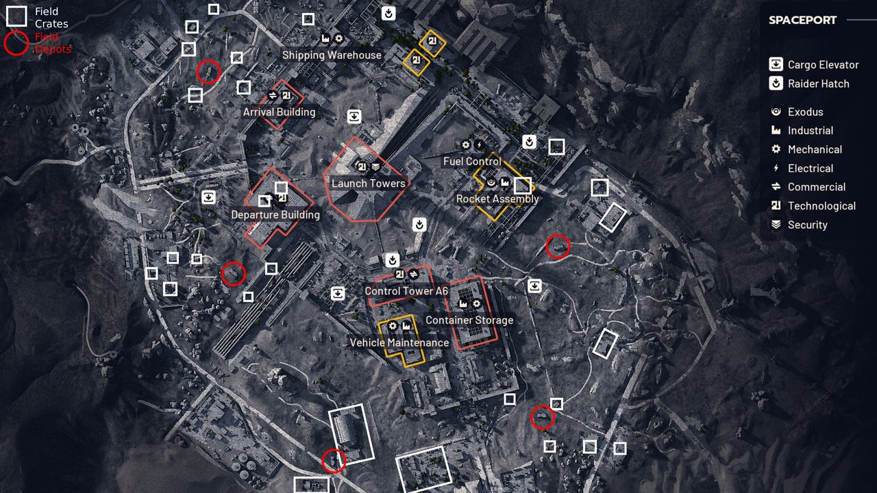 Arc Raiders Field Depot Crate locations: An annotated Spaceport map using red circles to show the location of Field Depots and white squares to represent field crates.