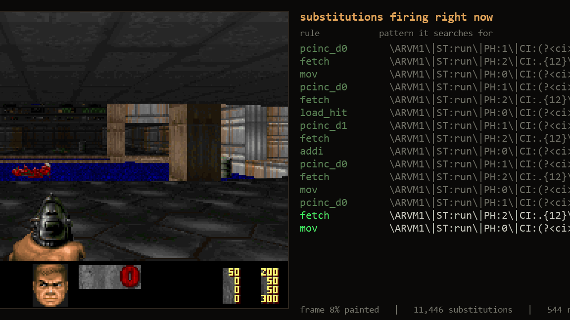 Daring coder gets Doom running with regular expressions at 180 seconds per frame, like playing 'correspondence chess with a shotgun' — nearly 14 million substitutions to render a frame at 80,000 substitutions per second