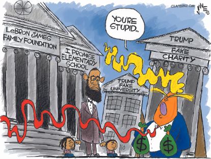 Political cartoon U.S. LeBron James I Promise school Trump University