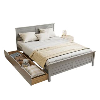 Komfott Full Size Wood Bed Frame With 2 Storage Drawers, Mid Century Platform Bed Frame With Headboard, Sturdy Wooden Slats Support, Modern Mattress Foundation, No Box Spring Required, Easy Assembly