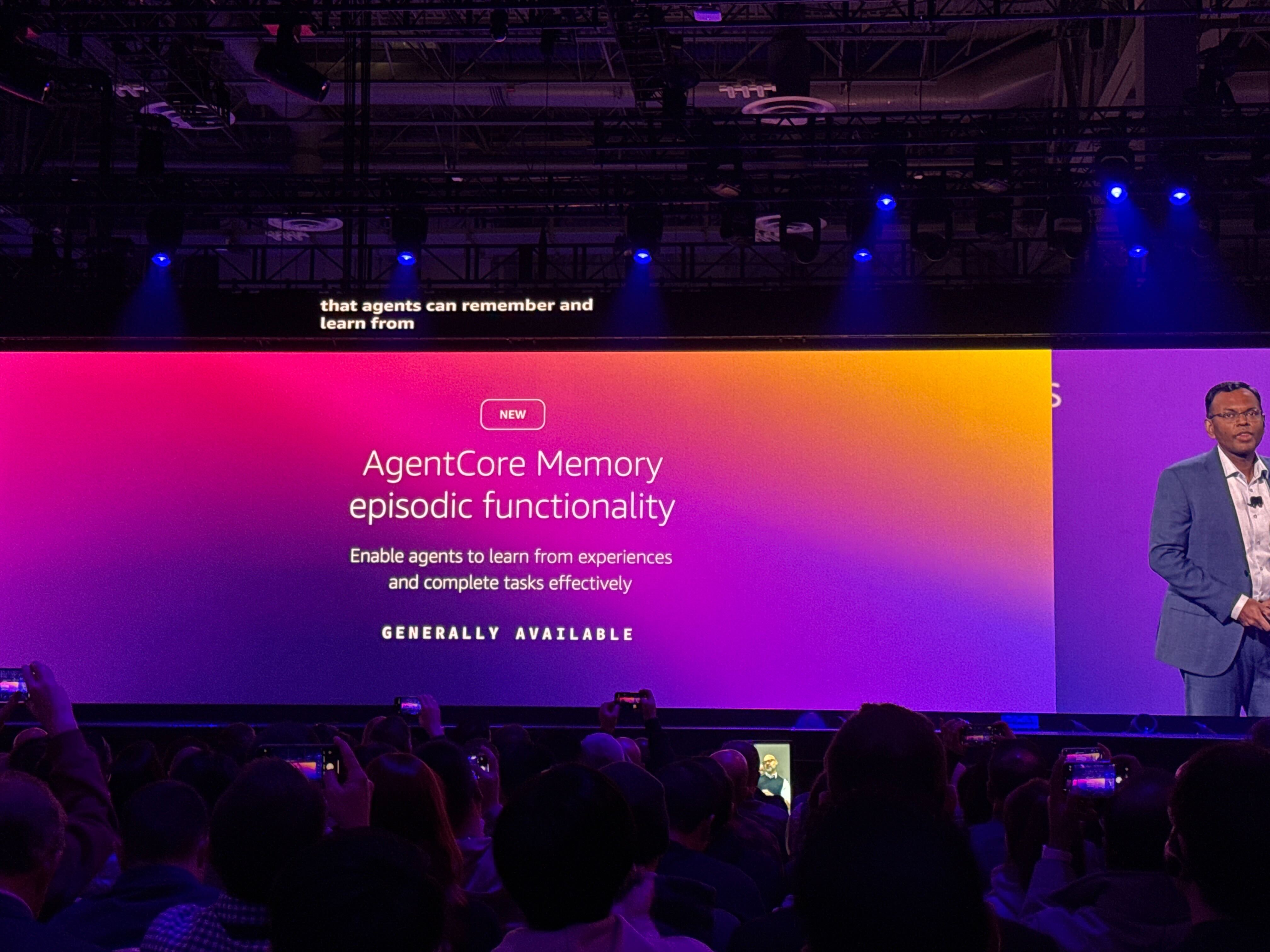 Swami Sivasubramanian announcing the launch of episodic memory capabilities for AI agents at AWS re:Invent 2025.