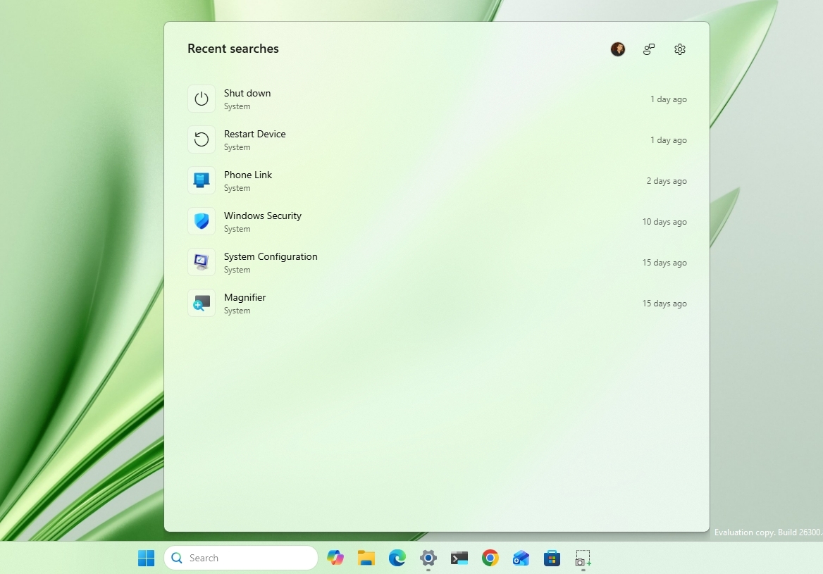 Windows 11 desktop with the Search home screen showing recent queries.