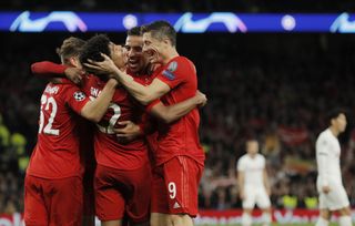 Bayern Munich players celebrate their seventh goal against Tottenham in the Champions League in October 2019.