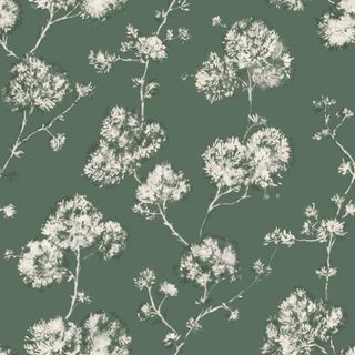 A square of dark green peel and stick wallpaper with white flowers