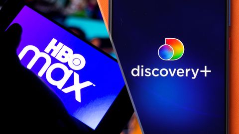 (L-R) The HBO Max and Discovery Plus logos on phones