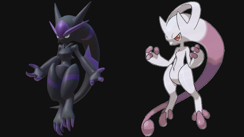 Palworld's Dark Mutant next to a picture of Mega Mewtwo Y, to which it bears a striking resemblance.