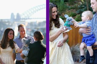 split layout Prince William and Kate Middleton meet a koala bear on royal tour and Kate Middleton and Prince William with Prince George gifted a toy Bilby