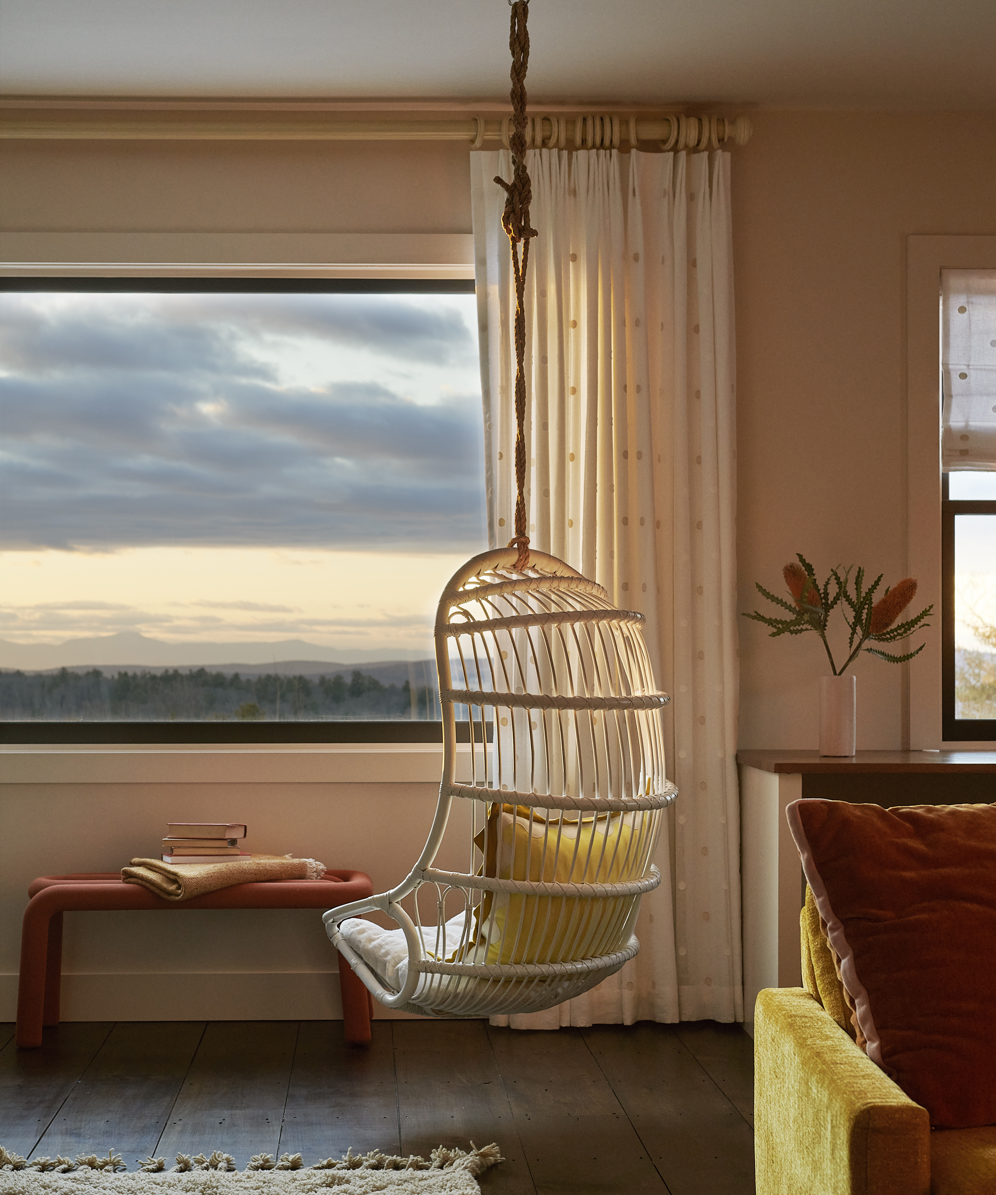 hanging chair in the window of a living room