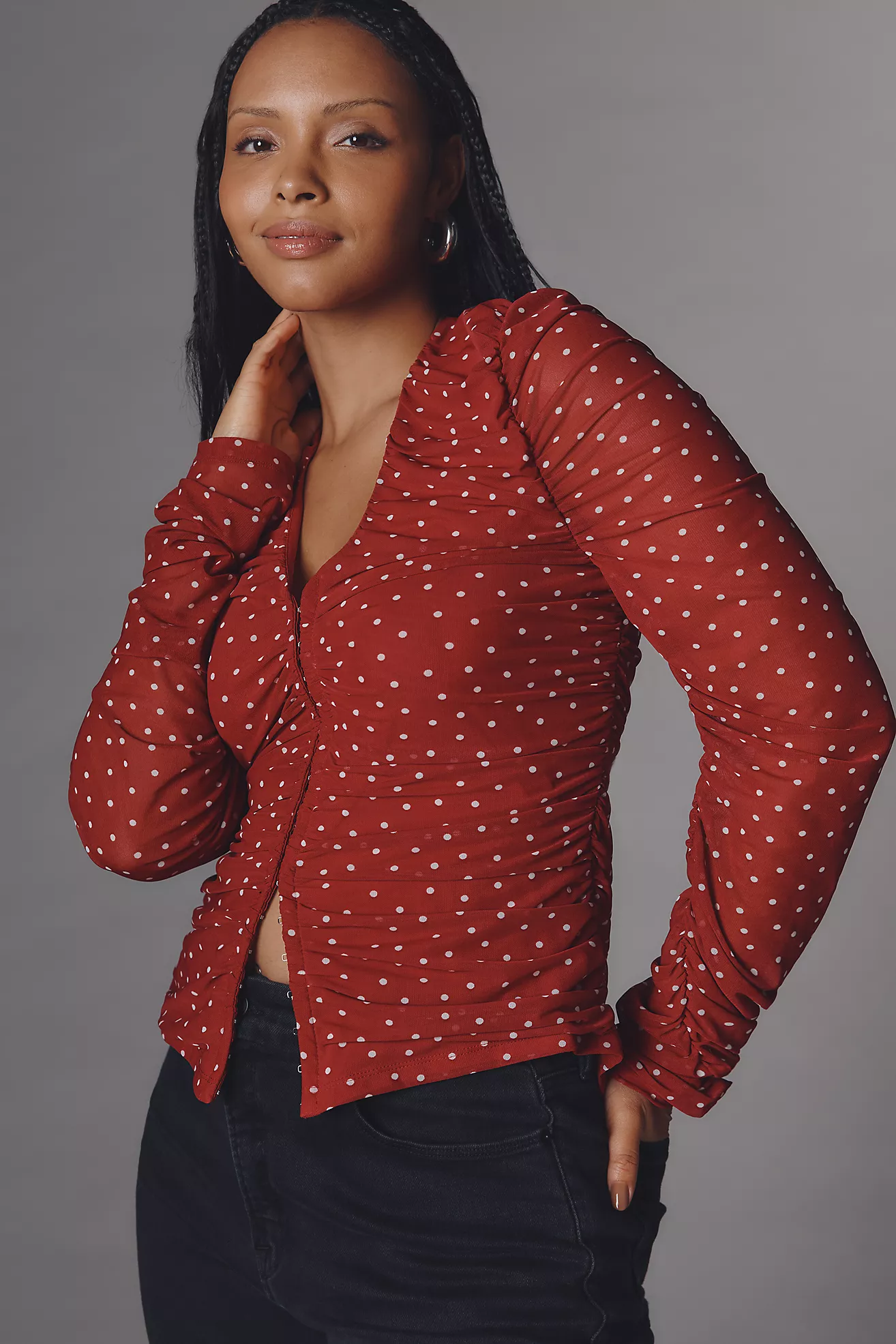 Maeve Ruched Long-Sleeve V-Neck Top