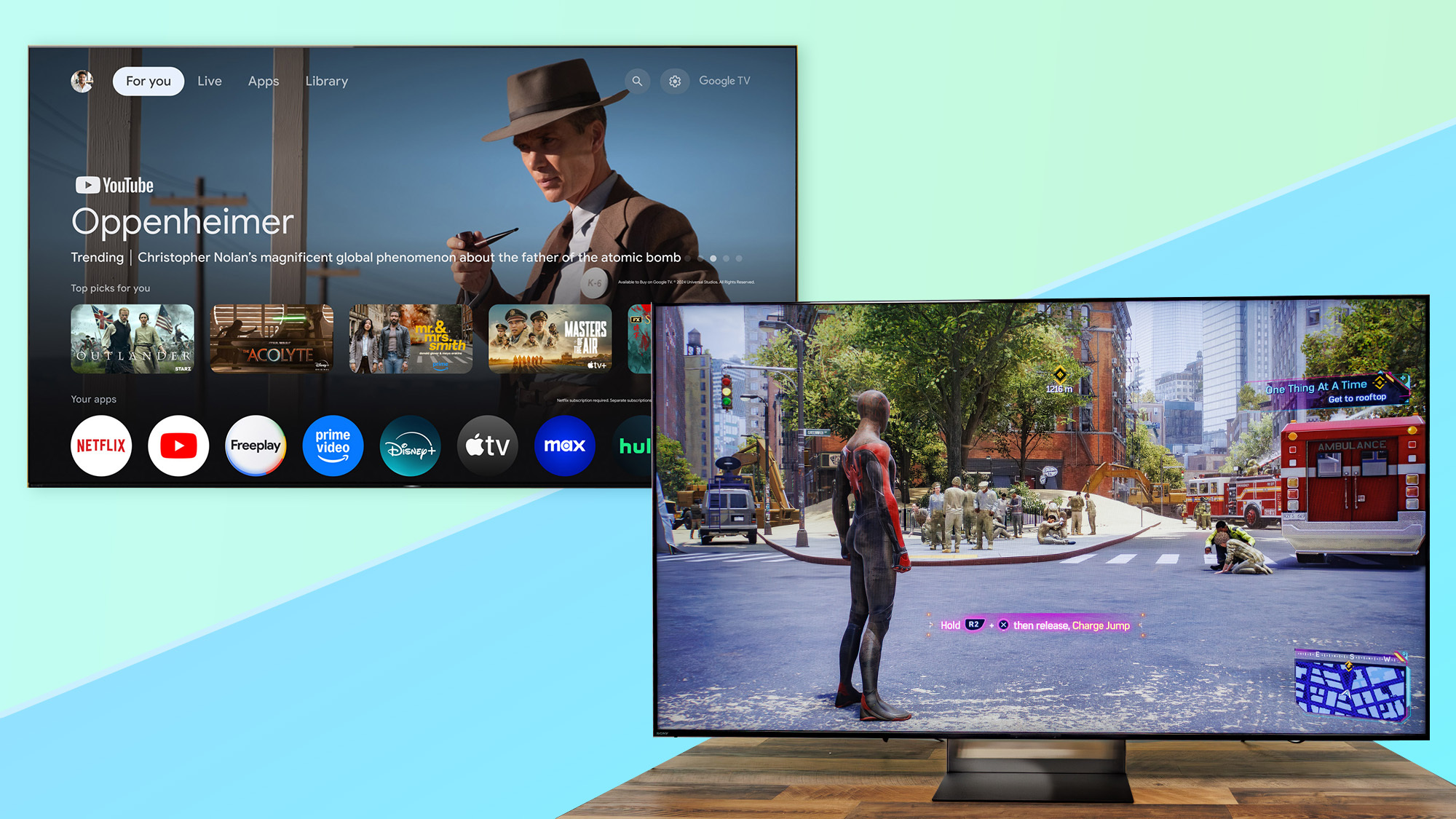 A side-by-side composite of the Sony Bravia 8 II OLED and the Bravia 9 II True RGB TV