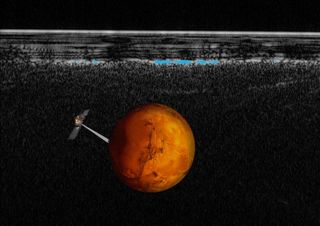 An artist's depiction of Mars Express in orbit with the spacecraft's radar data on the left. The blue patch represents the team's evidence for subsurface liquid water.