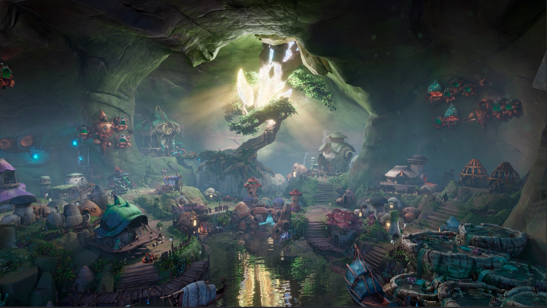 Sunderfolk screenshot of the main town with underground tree in background