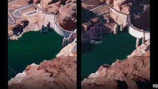 Two images, captured by the Earth-imaging company Vantor, showing changing water levels at the Hoover Dam.