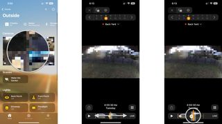 How to save recorded video in the Home app on the iPhone by showing steps: Tap on a camera's thumbnail image, Swipe to the Left or Right on the timeline, Tap a Motion Event.