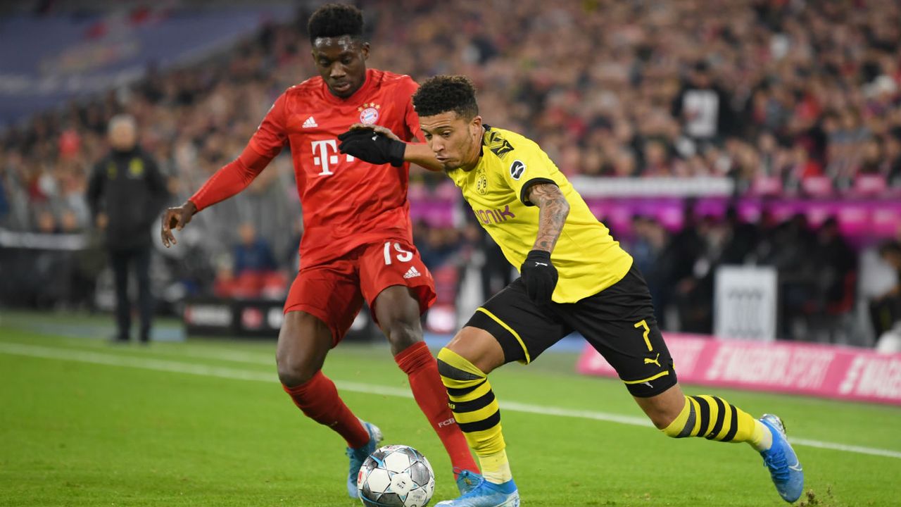 England winger Jadon Sancho in action for Borussia Dortmund against Bayern Munich in the Bundesliga 