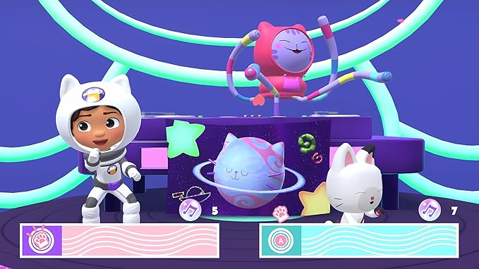 A screenshot from Gabby&#039;s Dollhouse: Ready To Party, with Gabby wearing an astronaut costume in front of two dancing cats on a stage
