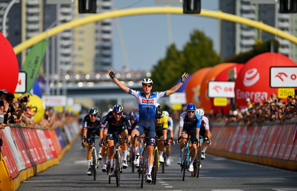 KATOWICE POLAND AUGUST 16 Tim Merlier of Belgium and Team Soudal QuickStep celebrates at finish line as stage winner during the 81st Tour de Pologne Stage 5 a 1876km stage from Katowice to Katowice UCIWT on August 16 2024 in Katowice Poland Photo by Luc ClaessenGetty Images